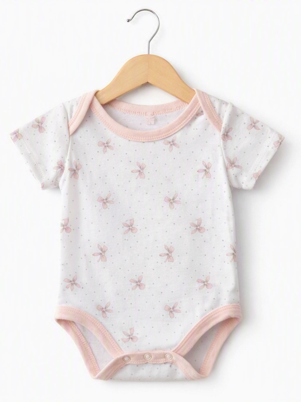 10/$15 Baby Gear Bow Print White Bodysuit with Pink Floral Trim